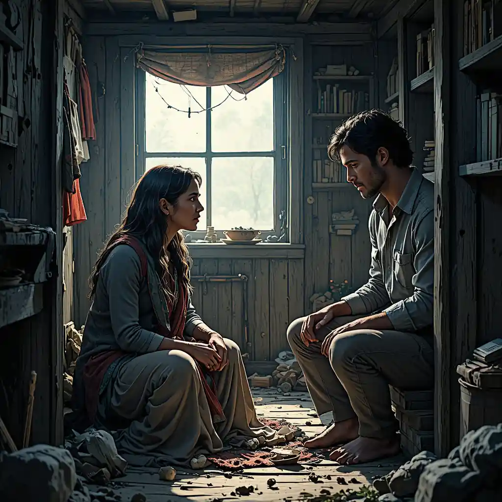 Poor mother in a small house talking to humble hero