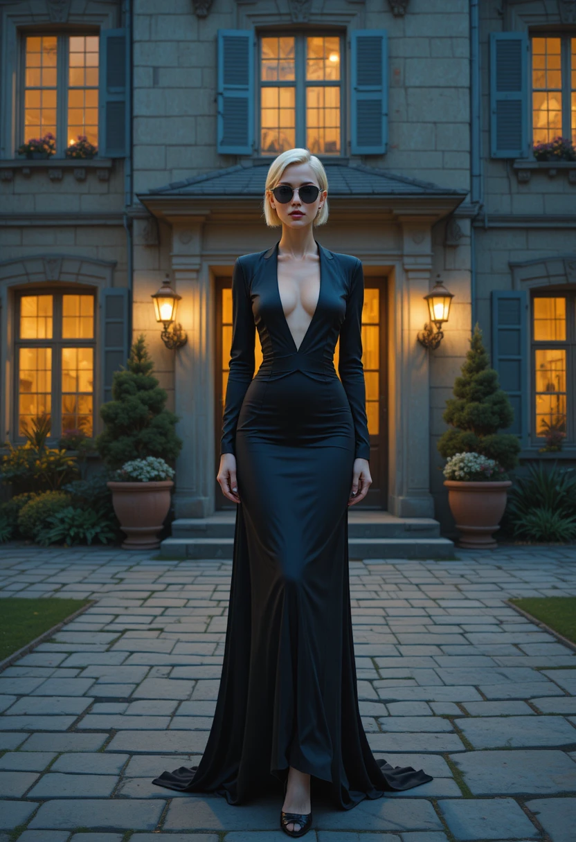 Elegante blonde Frau im schwarzen Abendkleid vor klassischem Herrenhaus