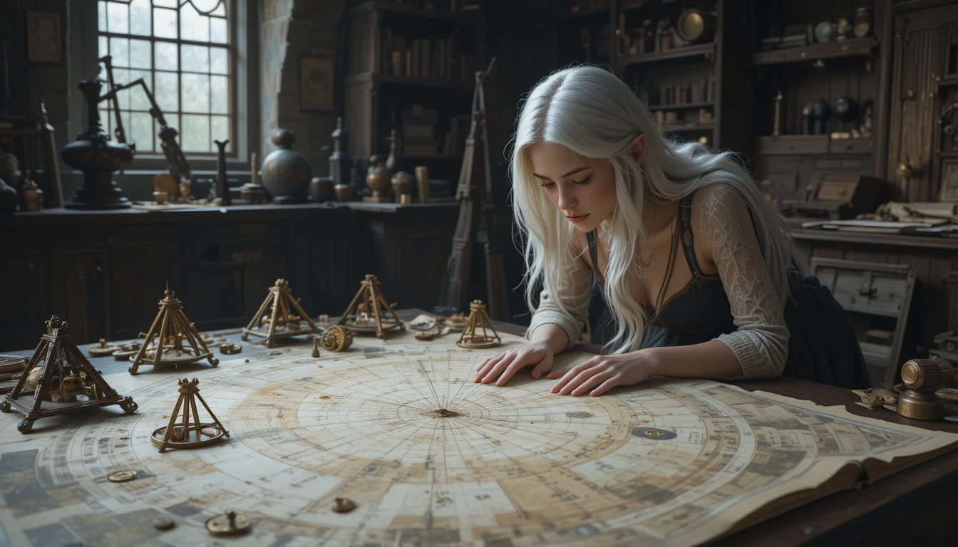 Ethereal elf studying a celestial map in an observatory