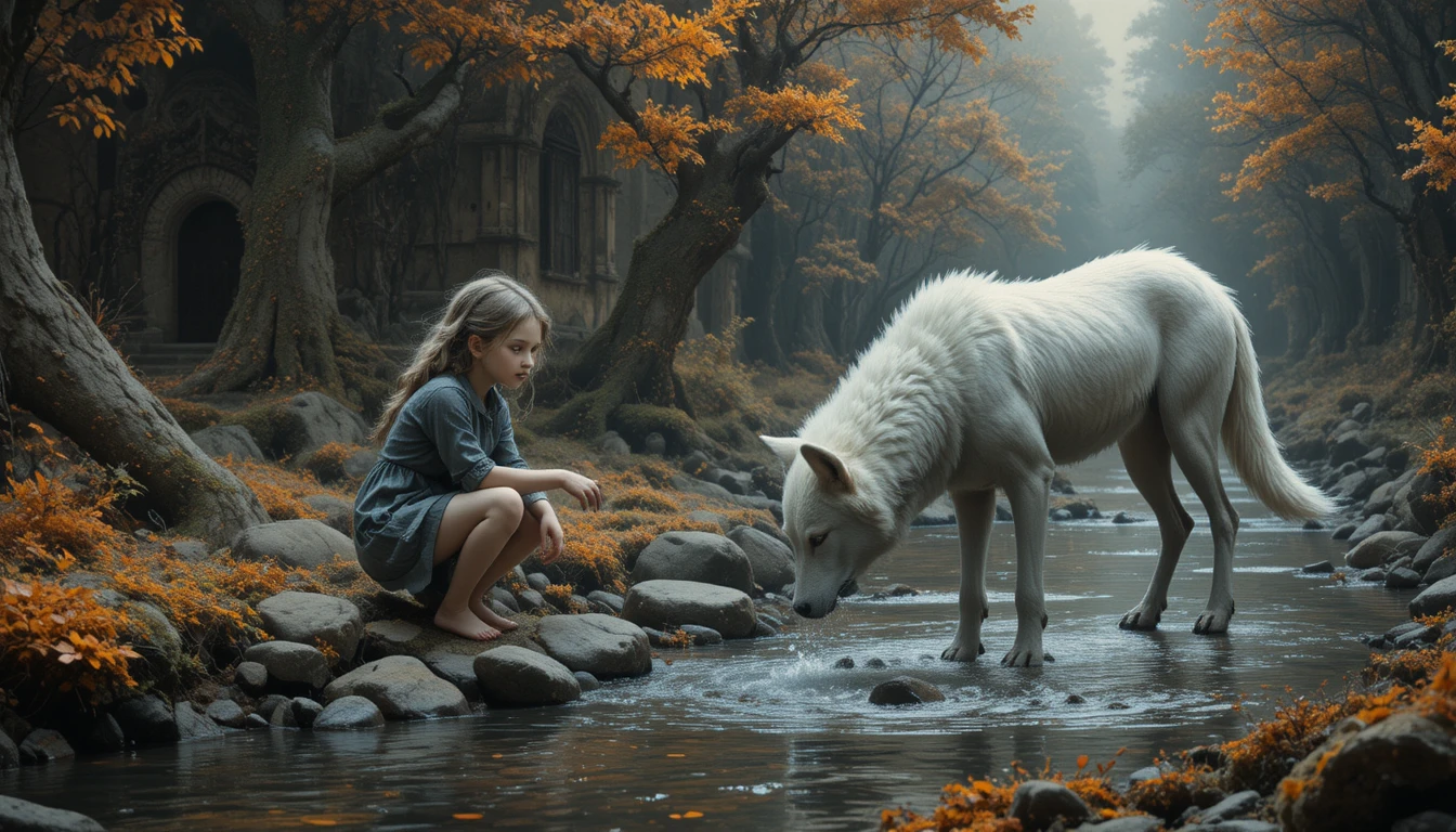 Garota e lobo branco à beira de um riacho em fantasia surreal