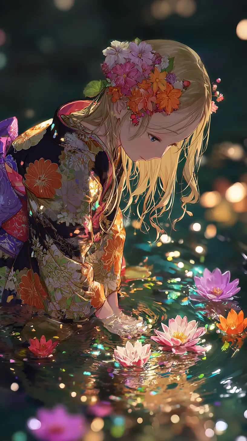 黑暗池畔身穿花卉和服的憂鬱系動漫少女