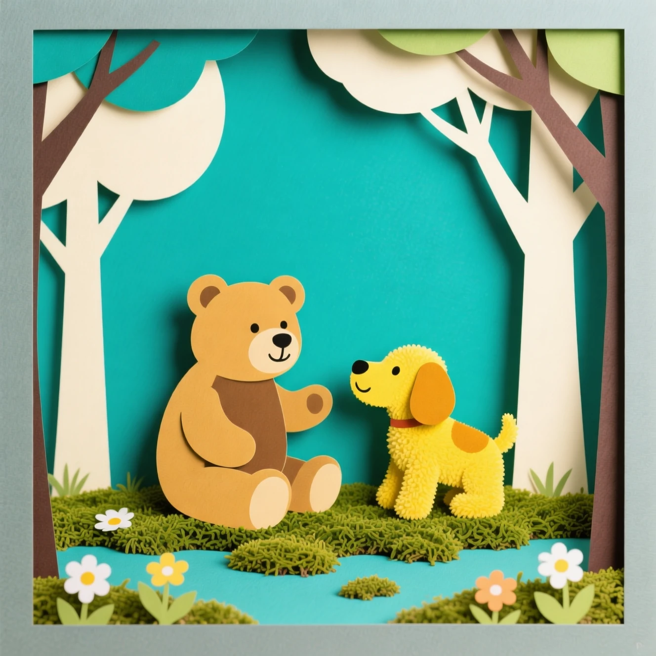 Cena de floresta em arte de papel com ursinho de pelúcia e cão de pelúcia