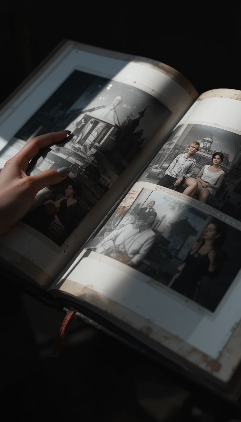 Frauenhand, die die Seiten eines alten Fotoalbums umblättert
