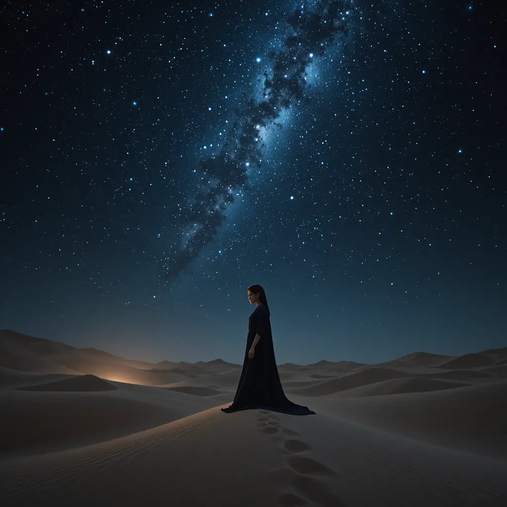 Young girl under a starry sky in the silent desert