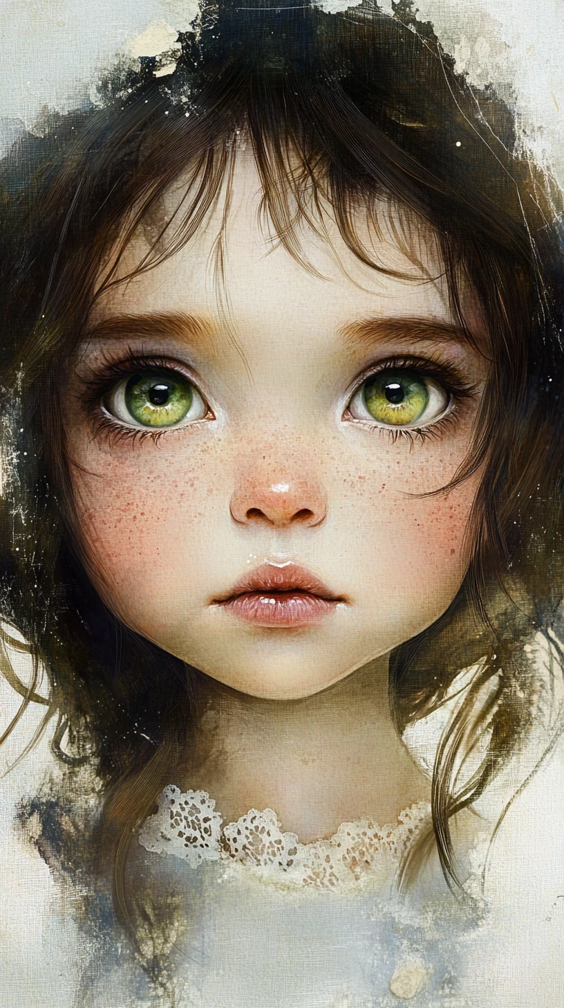 Whimsical watercolor doll portrait with luminous green eyes