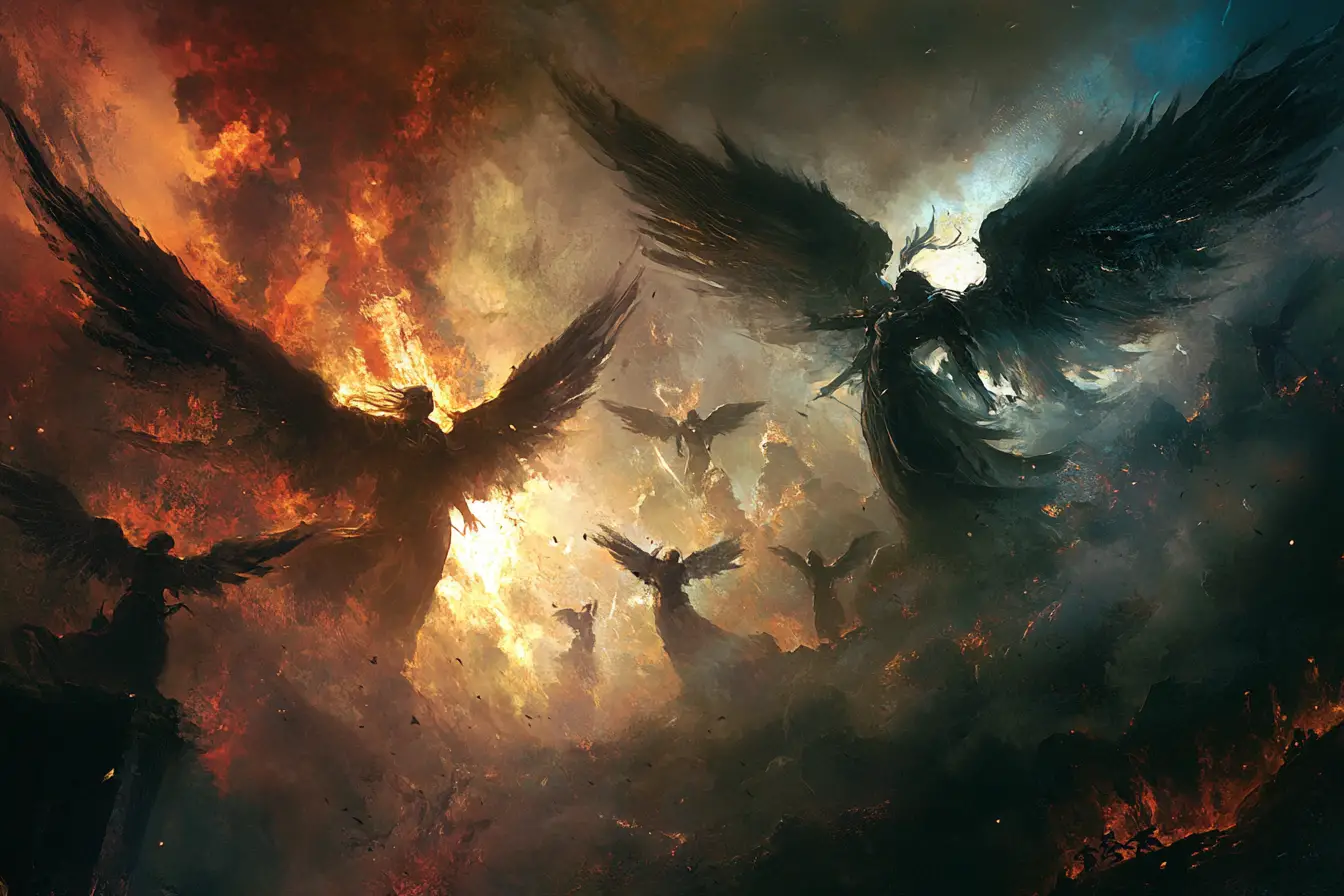 Heavenly angels battle dark angels on otherworldly battlefield