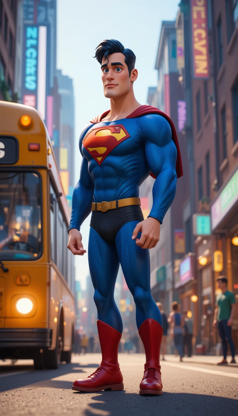 Super-herói descendo ônibus suavemente em rua movimentada da cidade
