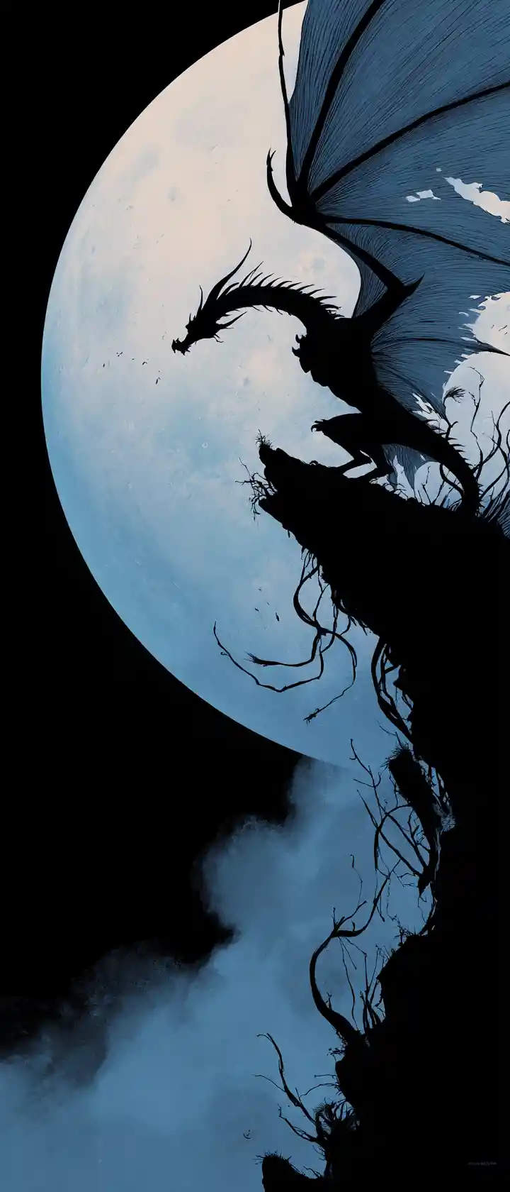 Ominous dragon flying before a luminous full moon