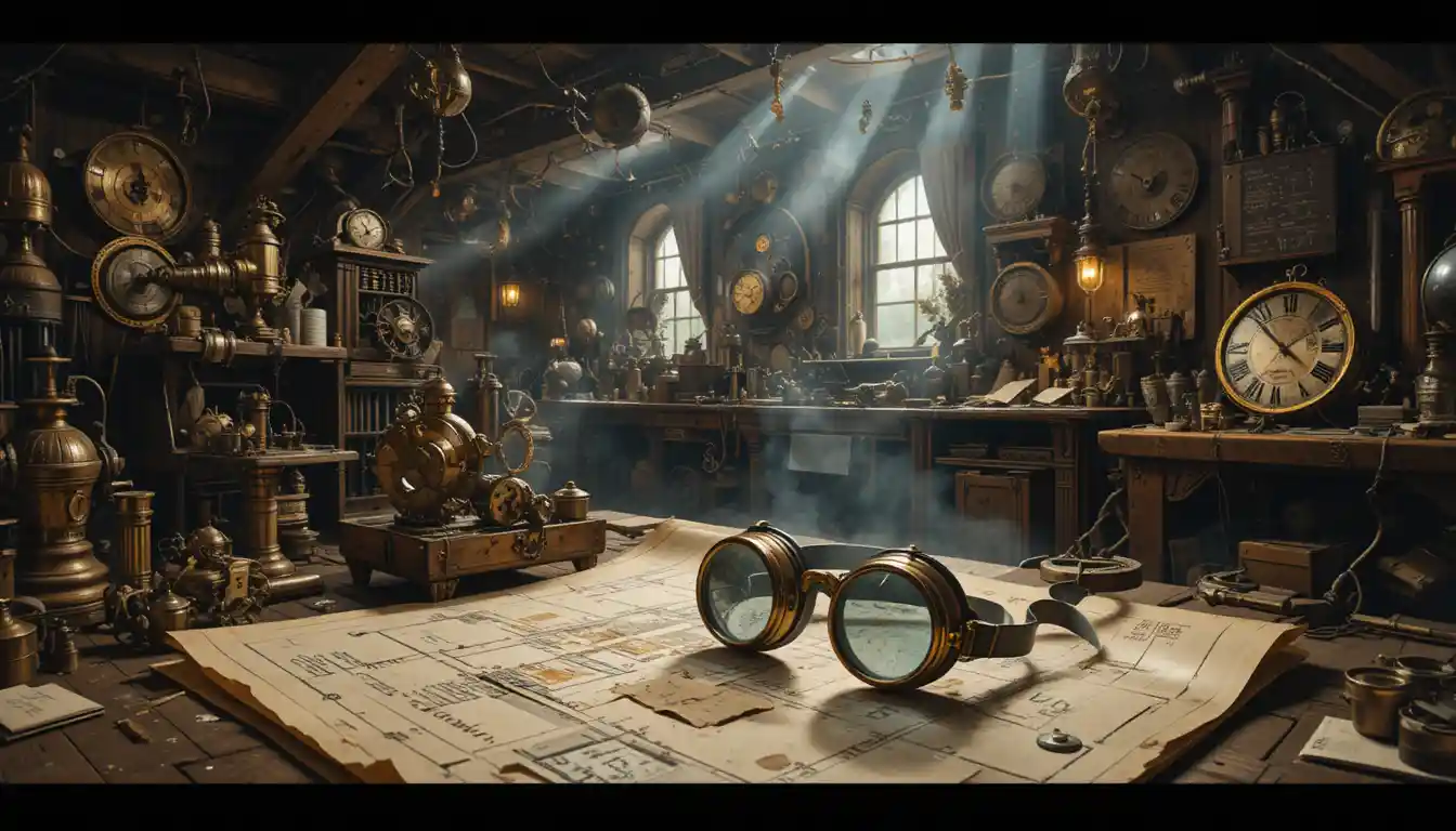 Steampunk attic workshop filled with clockwork and automatons