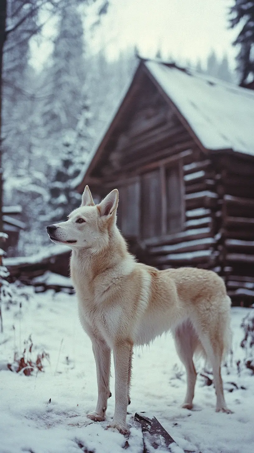 Siberian sled dog guarding a rustic cabin in snow