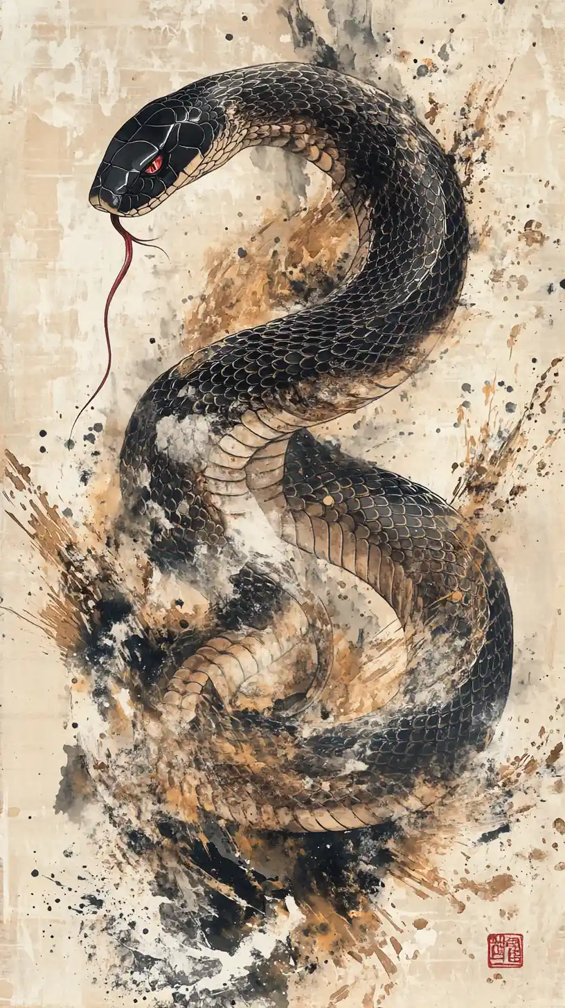 Träumerische Aquarell-Kobra im traditionell japanisch inspirierten Stil