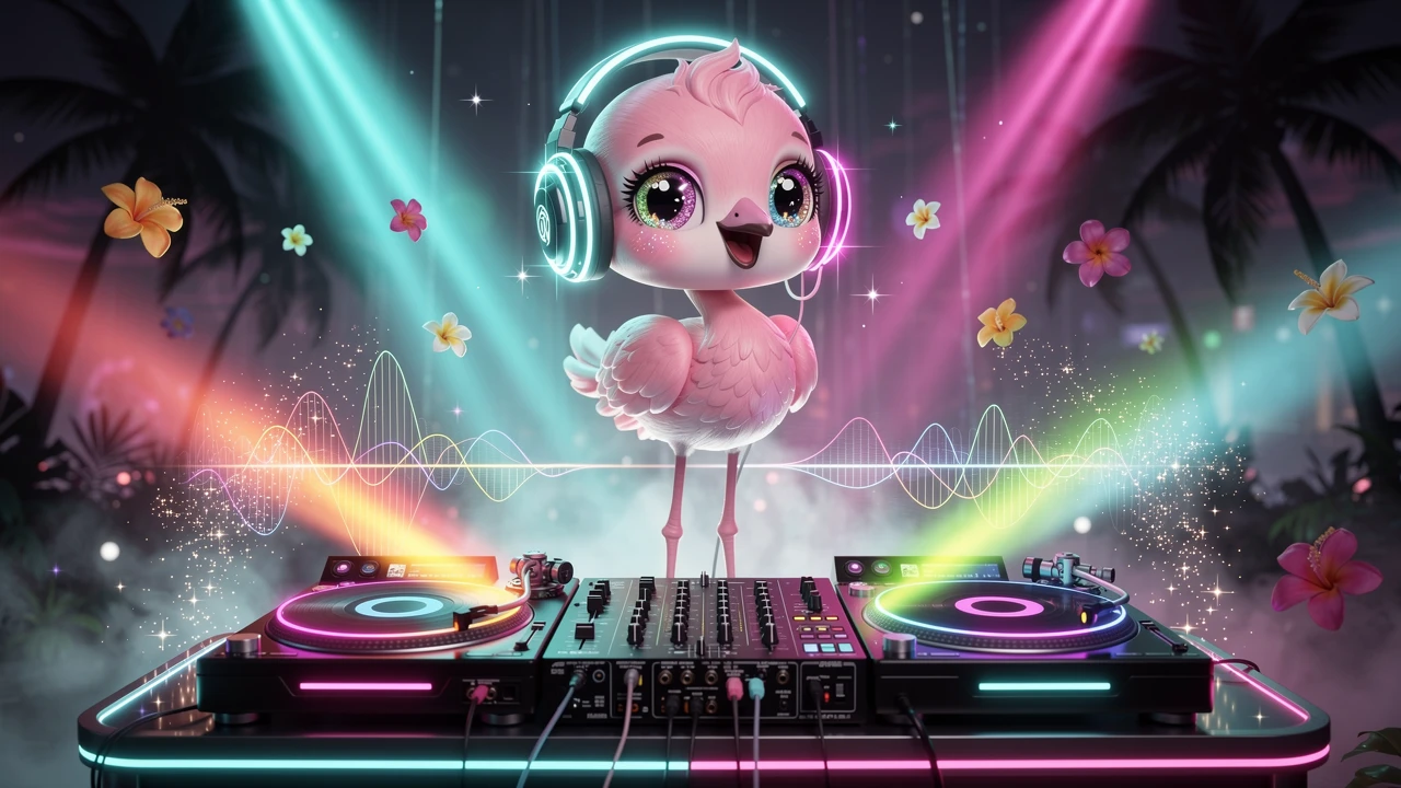 Fofo DJ flamingo 3D em uma balada tropical neon