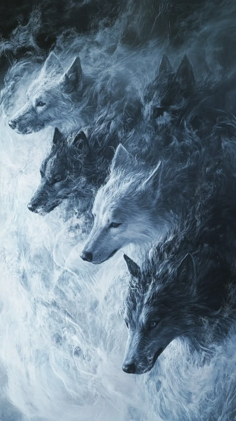 Siberian sled dogs facing a fierce swirling snowstorm
