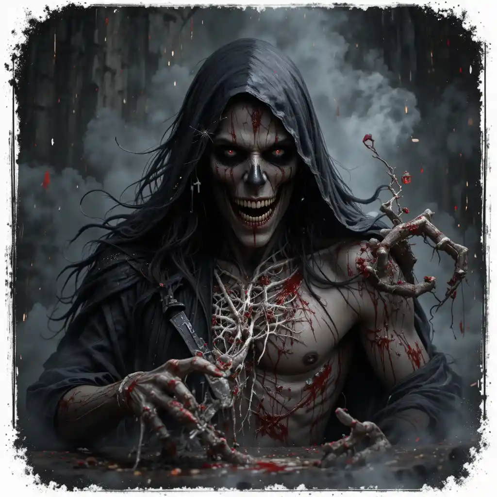 Vampiro gótico con calaveras, cruces y murciélagos