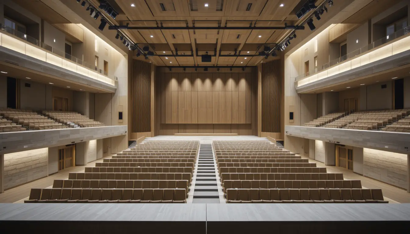 Modelo arquitetônico de auditório moderno com design acústico avançado