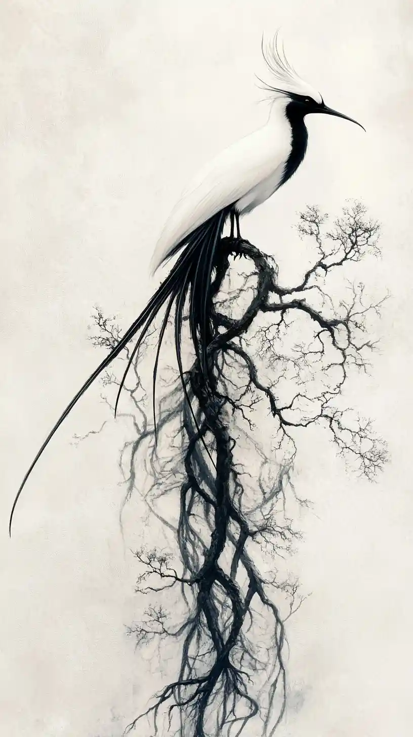 Scissortail bird profile emerging from twisted tree roots