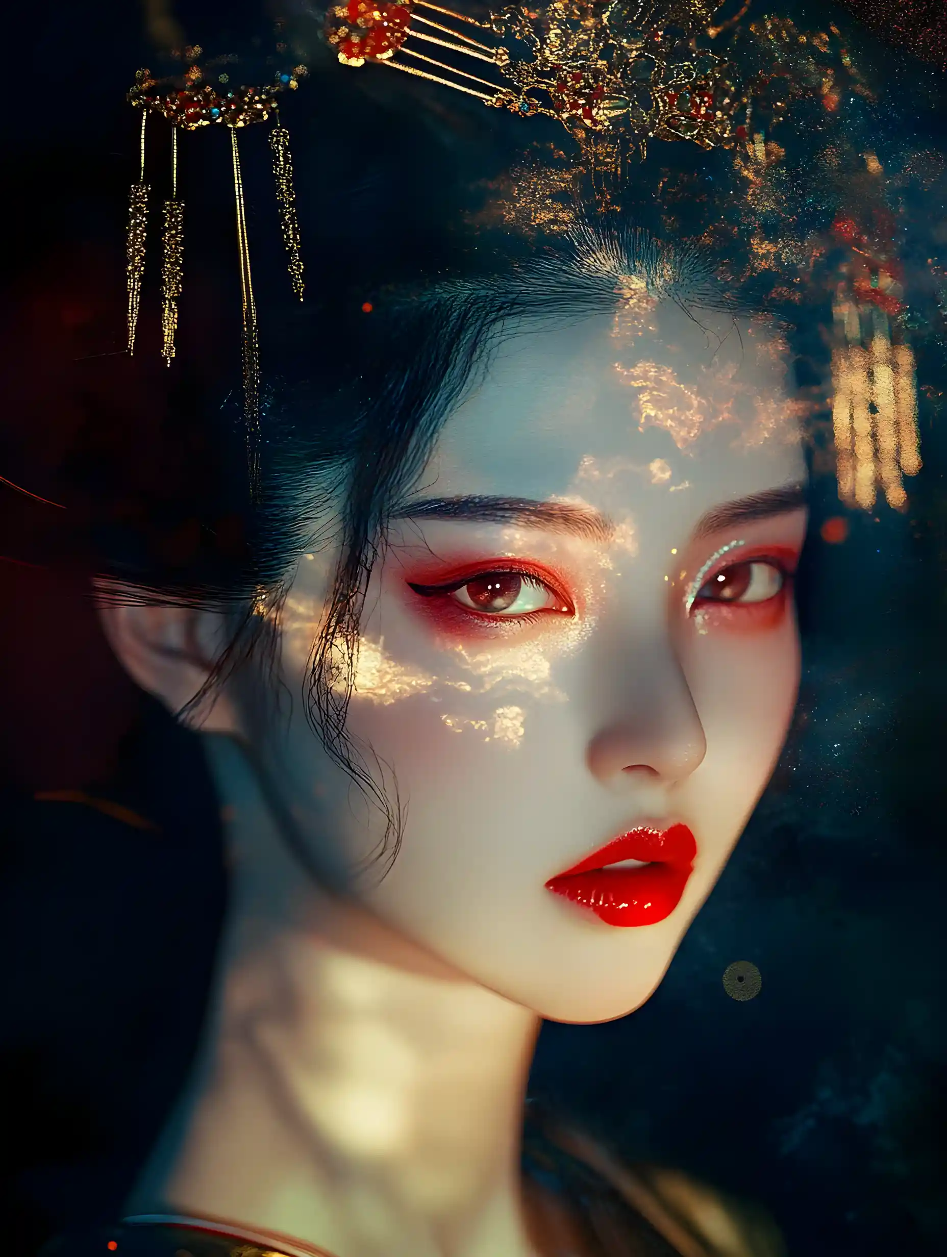 Porträt einer Geisha in traditioneller Kleidung mit Glitch-Effekten