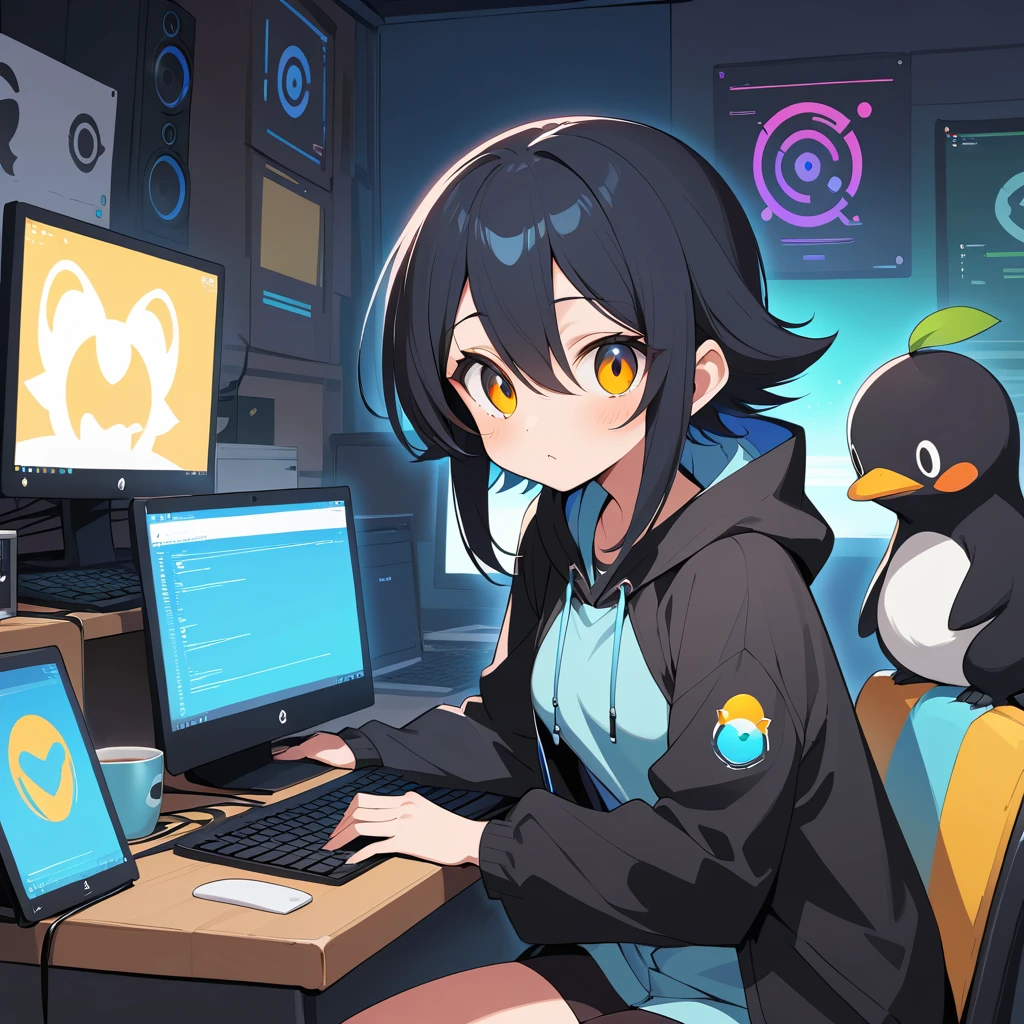 Ragazza anime con costume da pinguino Linux e computer