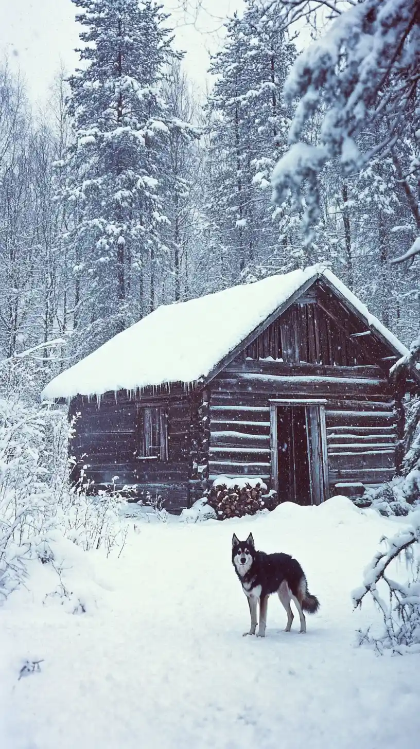 Siberian dog guarding a wooden cabin in snowy forest
