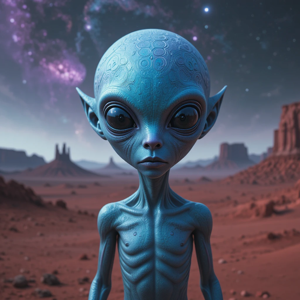 站在猩紅異星世界上的神祕藍色外星人