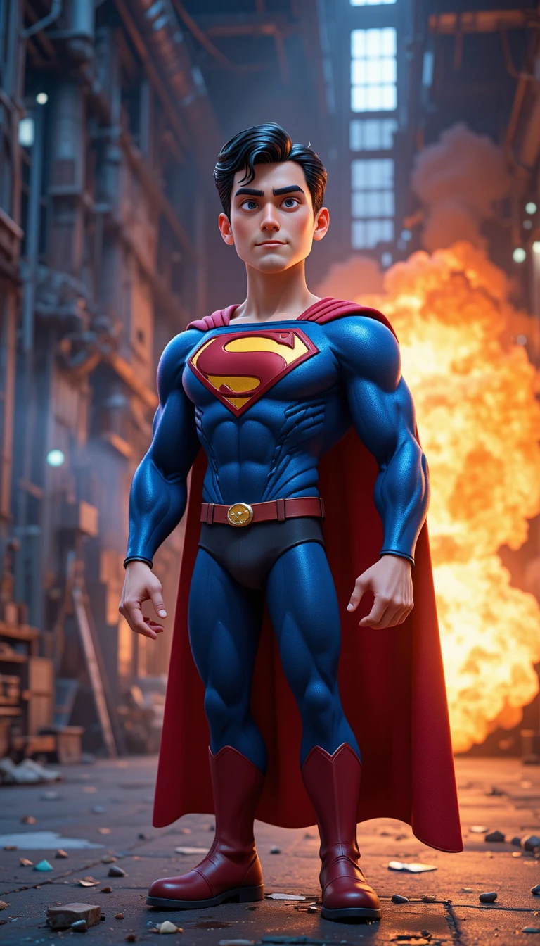 Super-herói calmo usando visão de calor em cena industrial 3D