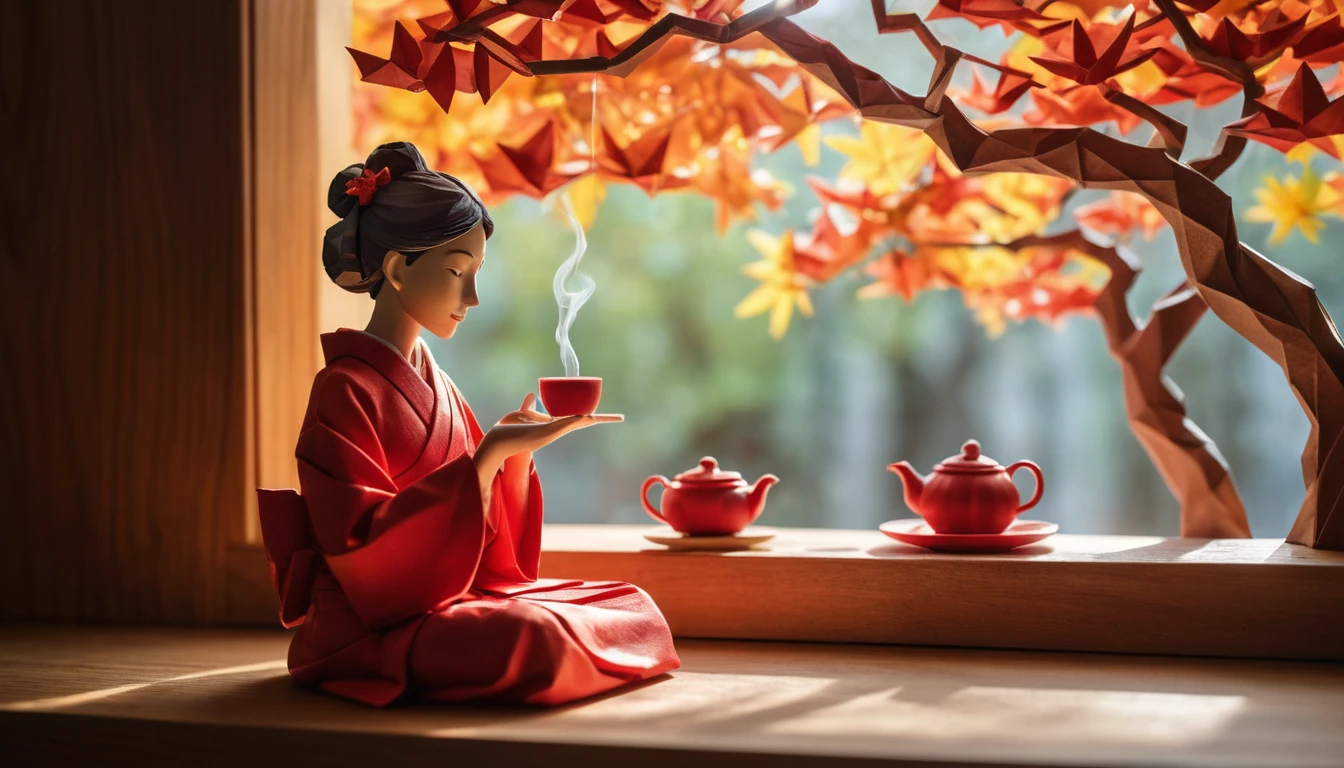 Donna origami in kimono rosso che si gode il tè alla finestra