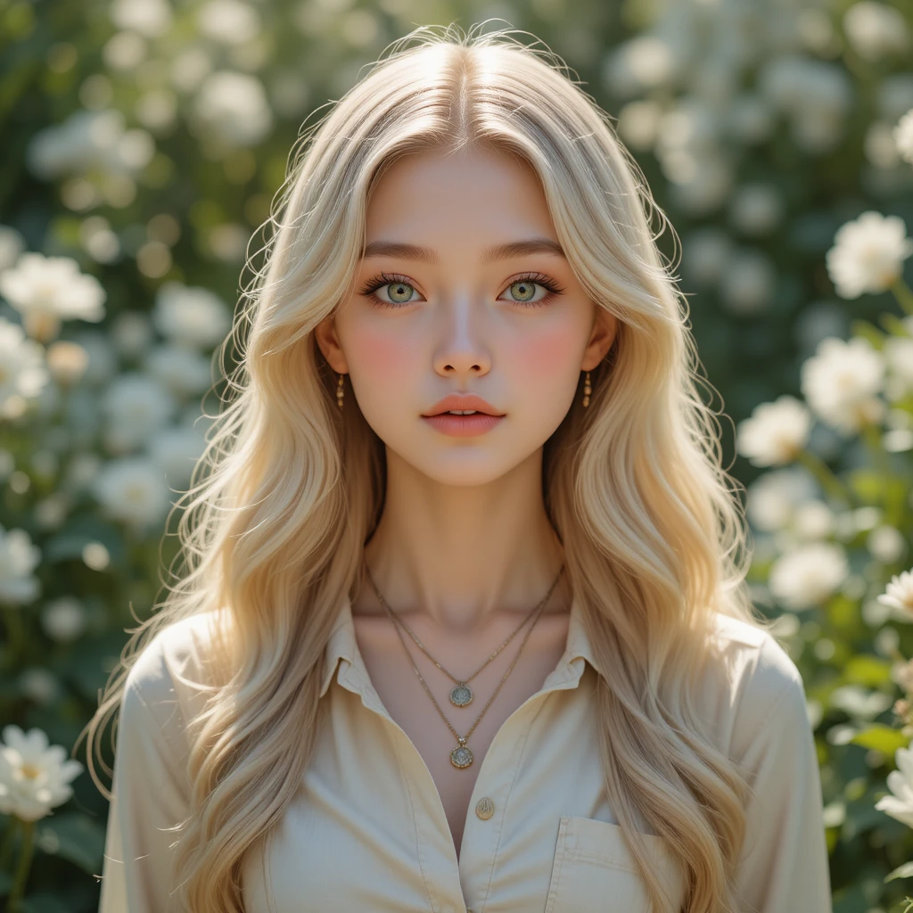 Chica de anime rubia a la luz del sol entre suaves flores blancas de jardín
