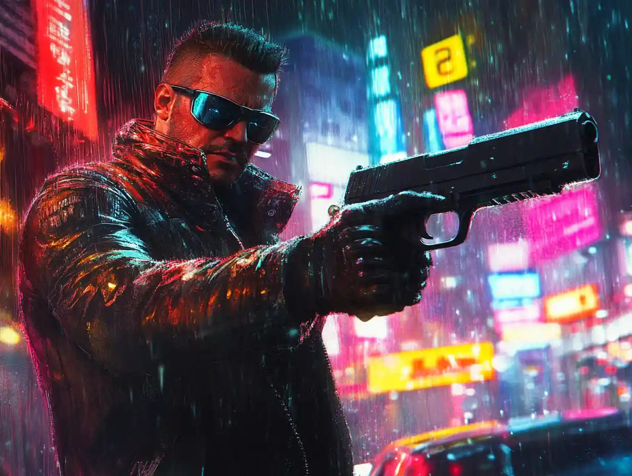 Cyberpunk-Vollstrecker in neonbeleuchteter, regennasser Stadtstraße