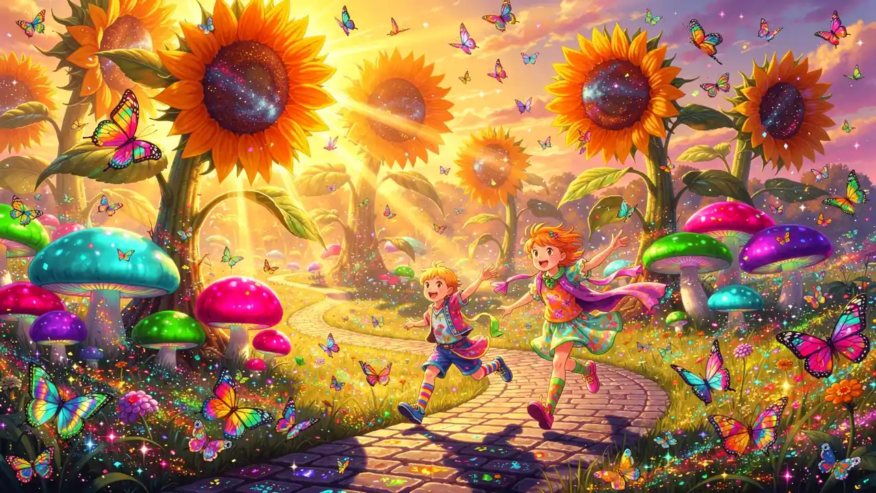 Psychedelic sunflower meadow with children at golden hour