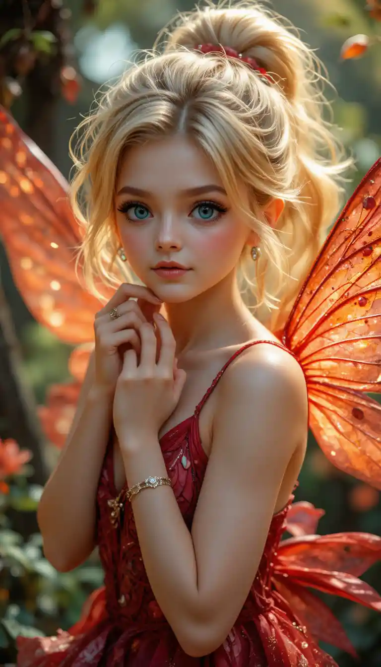 Beautiful blonde fairy girl flying in a treehouse