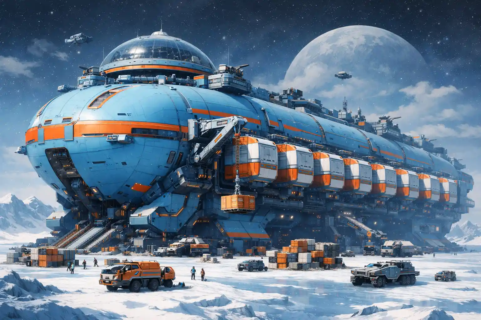 Gigantic cargo spaceship city landed on frozen white planet