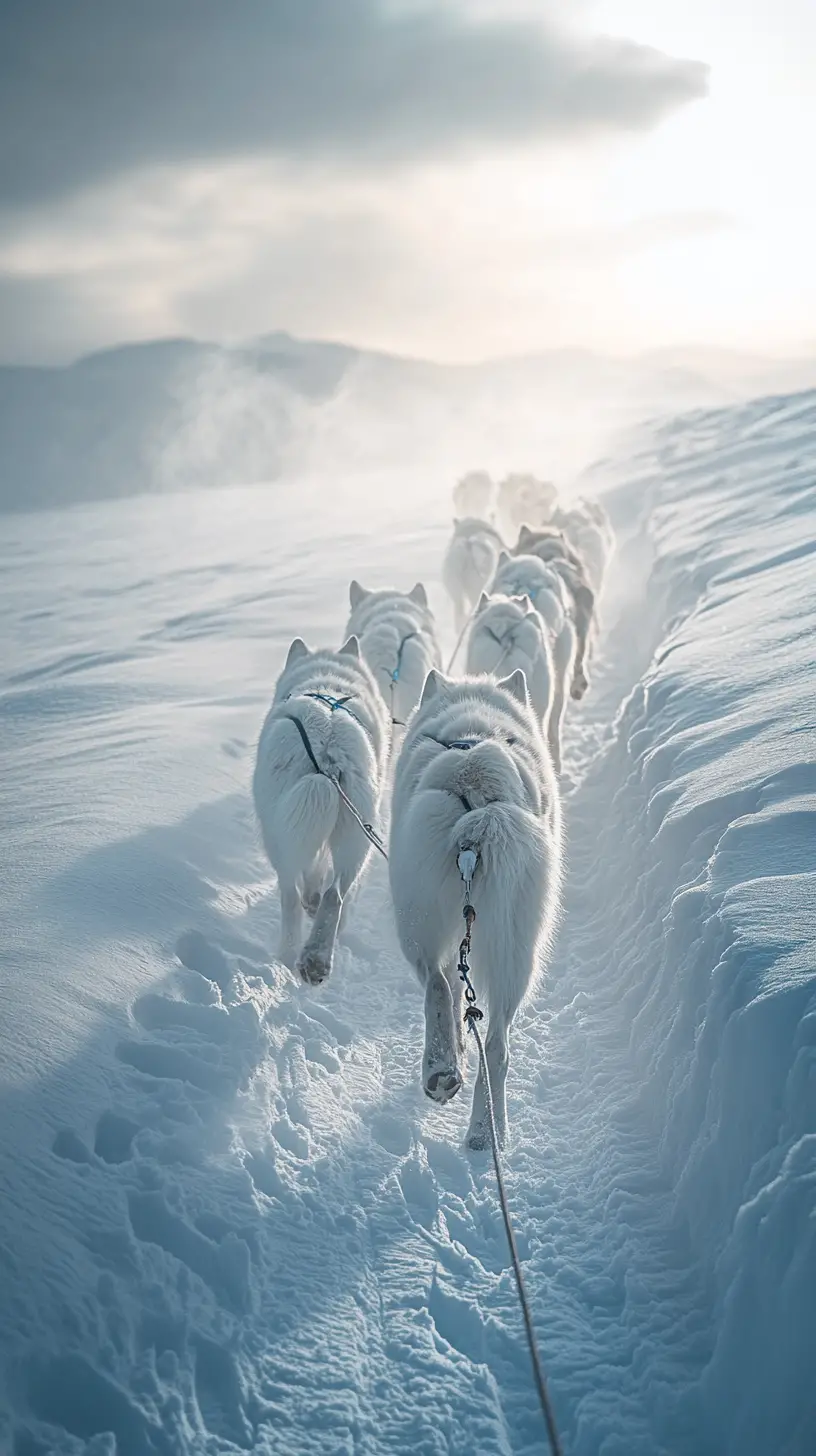 Sled dogs trekking through a harsh Alaskan snowy wilderness