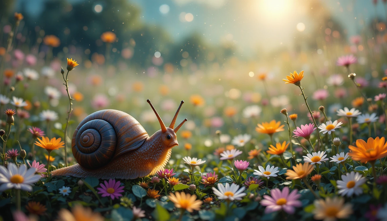 Surreal meadow from the low angle view of a snail