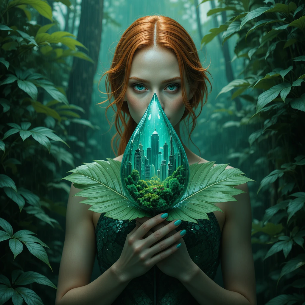Mujer pelirroja con hoja y gota de lluvia en la selva tropical