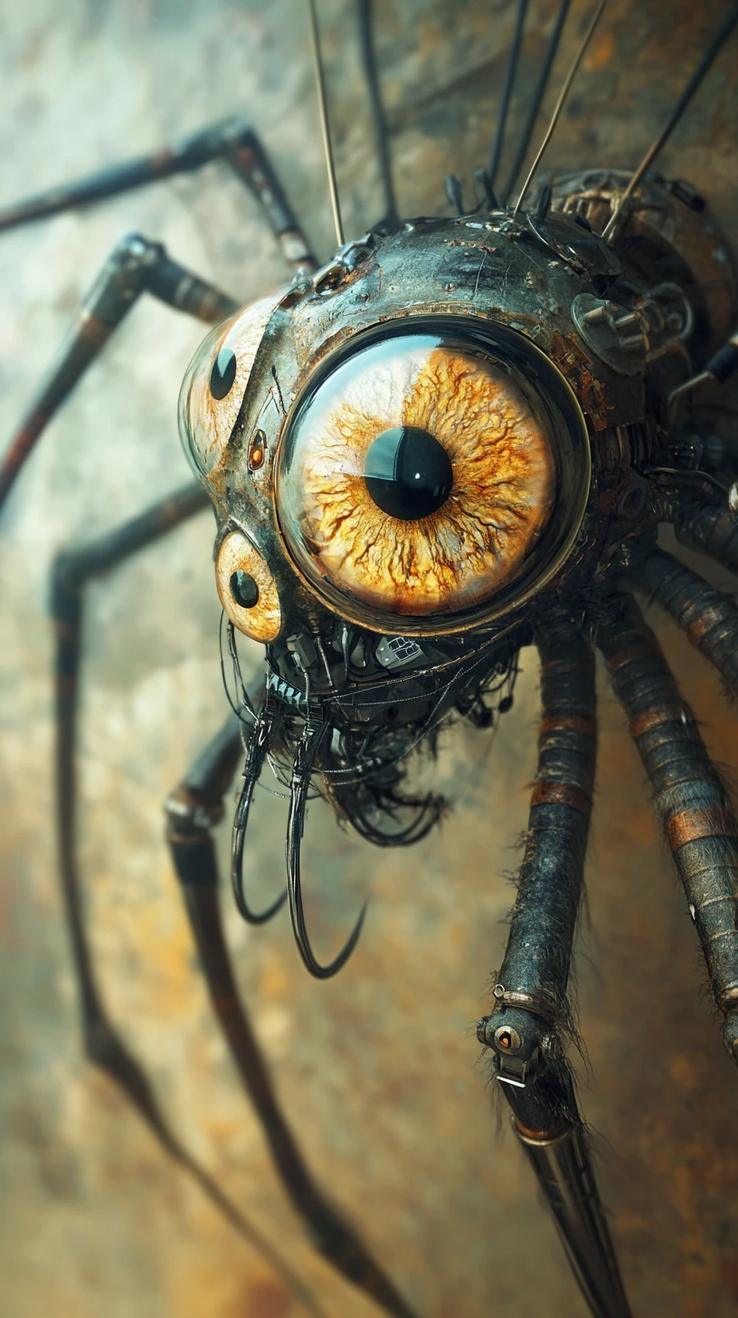 Dystopian cybernetic spider rising over a blurred horizon