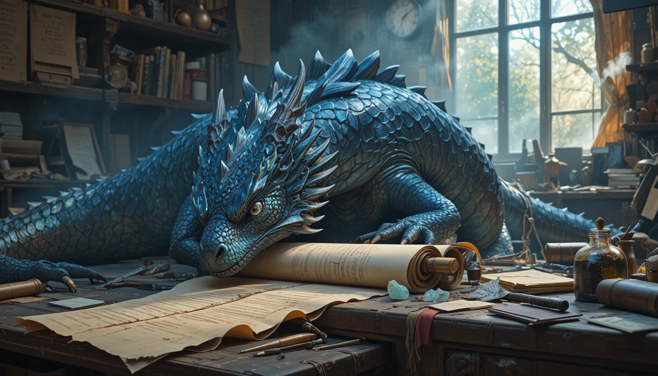 Majestic dragon resting in a magical workshop