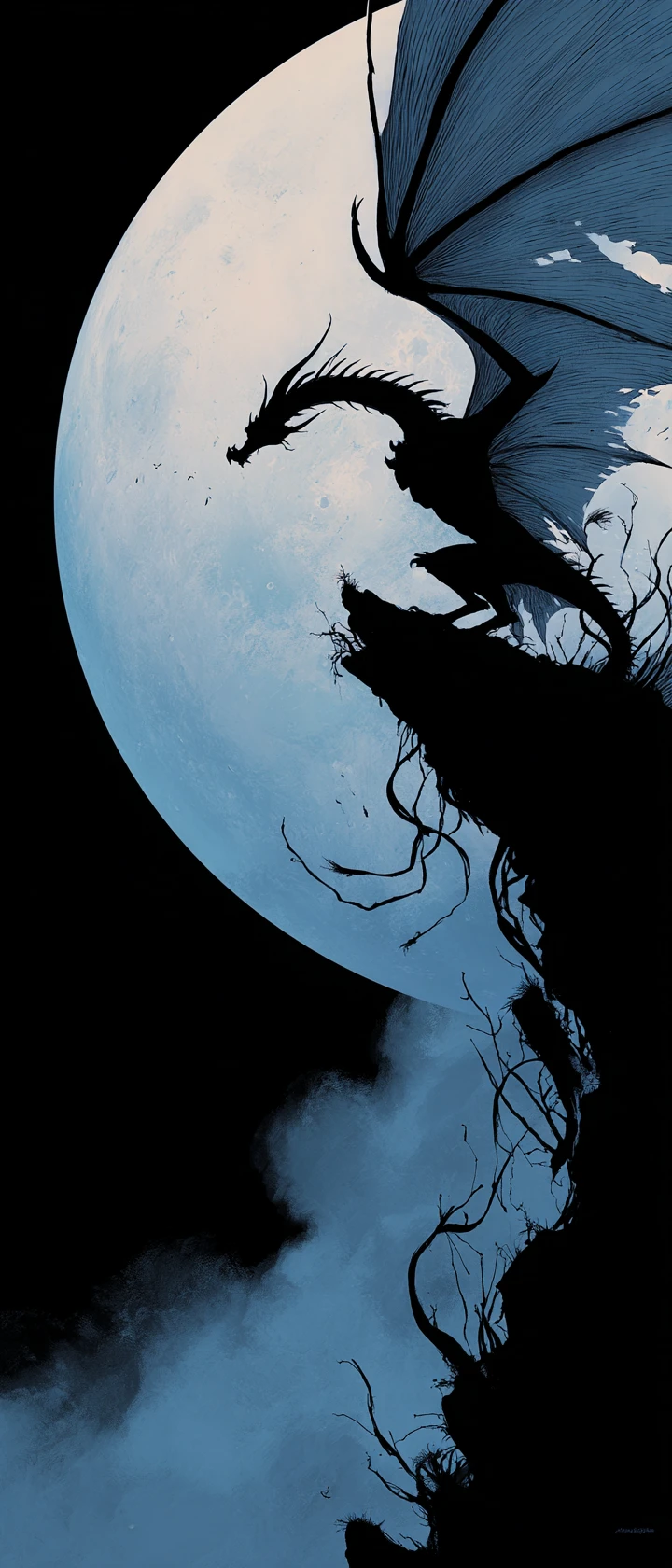 Ominous dragon flying before a luminous full moon