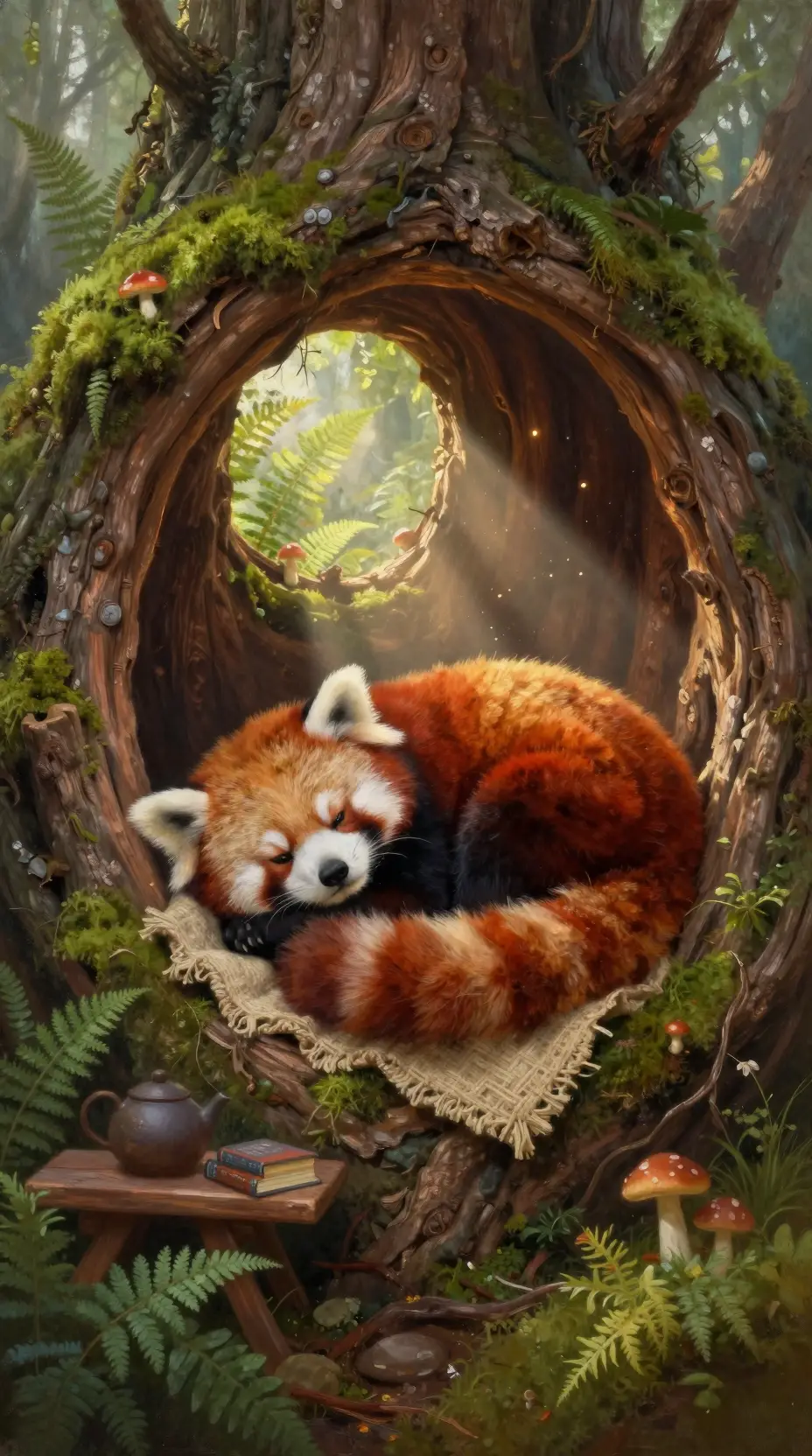 Sleeping red panda in a moss lined hollow tree sanctuary