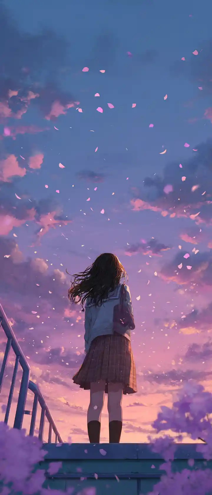 Chica de anime triste en la azotea del colegio al atardecer