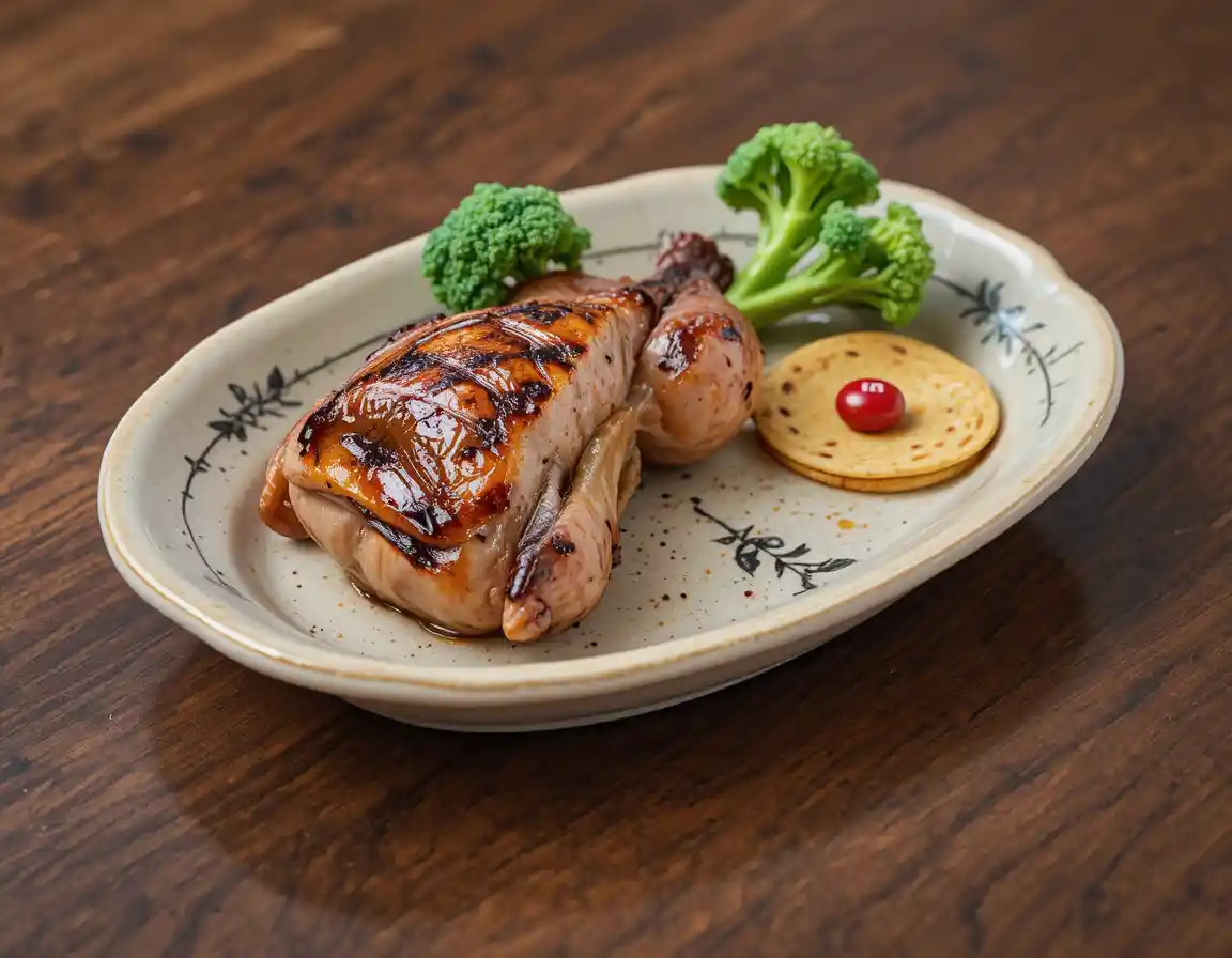 Miniature roasted chicken and candy on beige porcelain plate