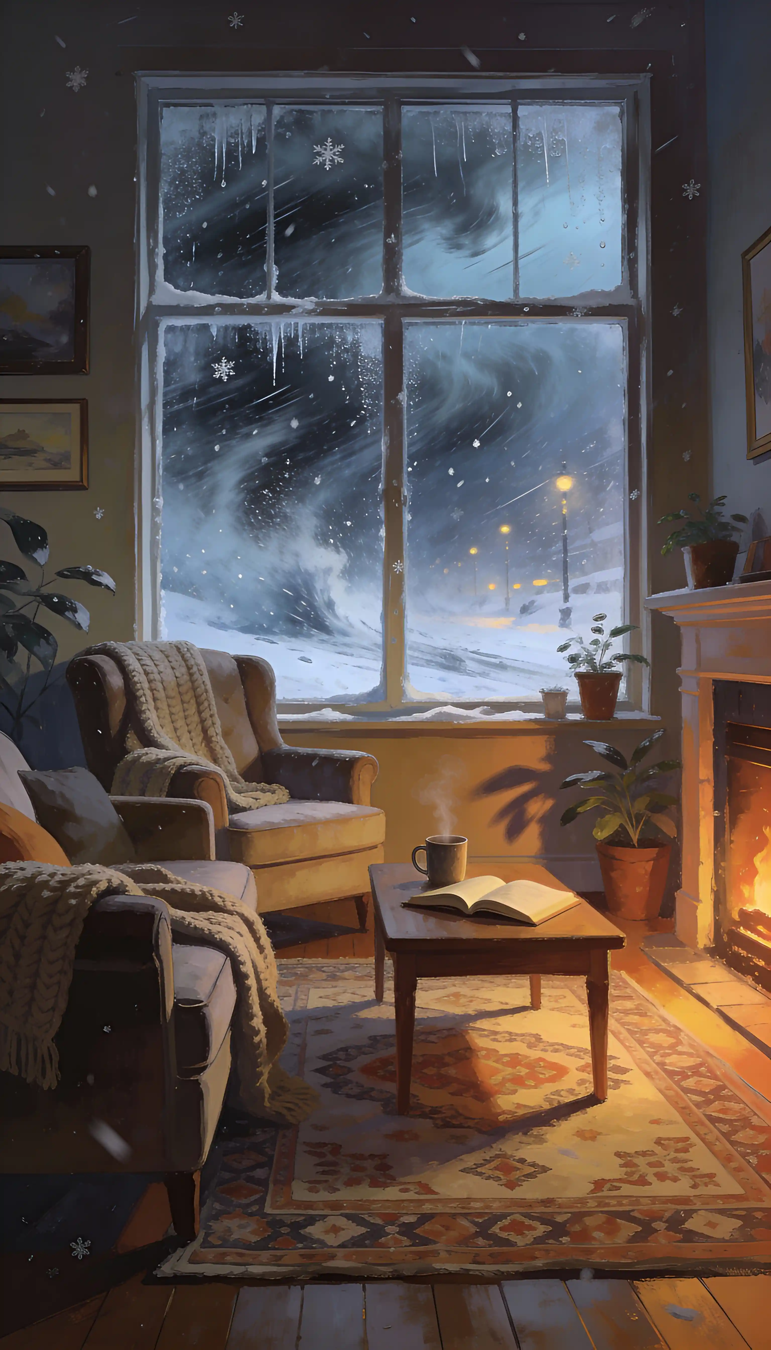 Cozy living room with fireplace and winter storm outside