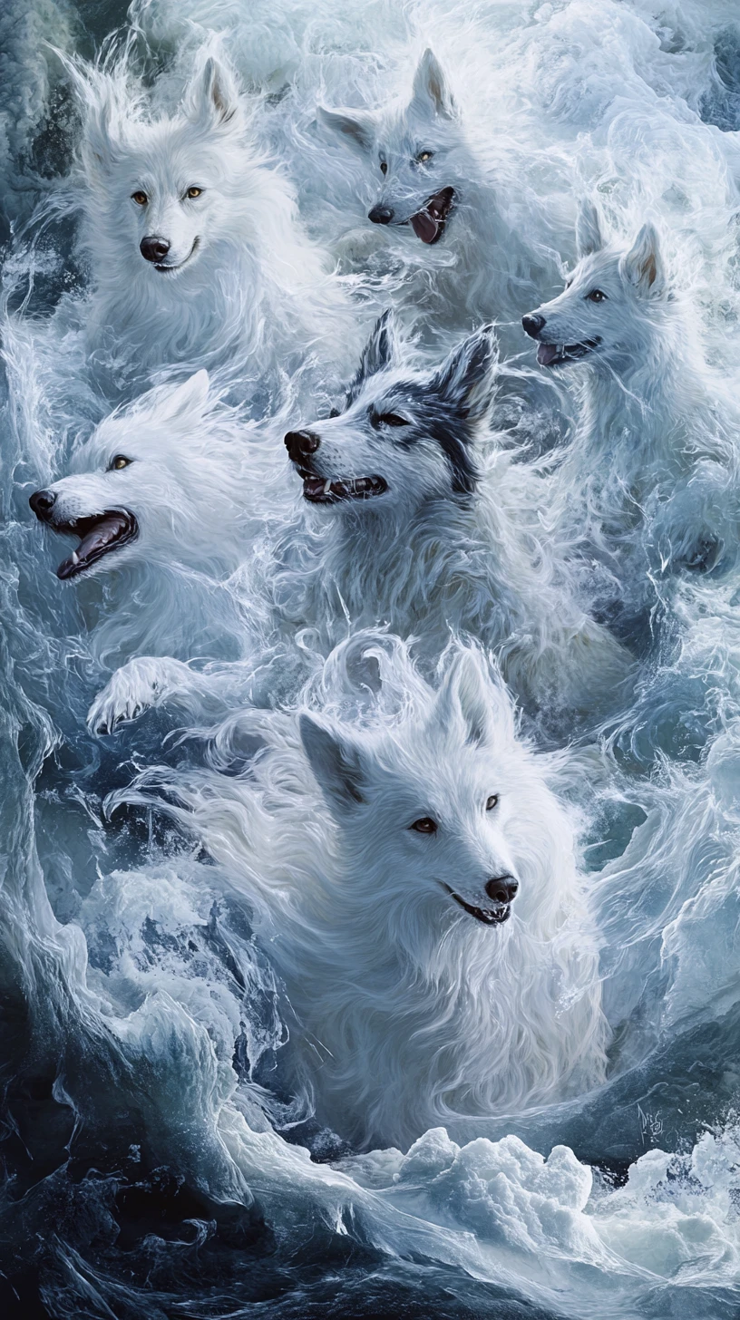 Cães siberianos lado a lado em uma tempestade de neve em turbilhão