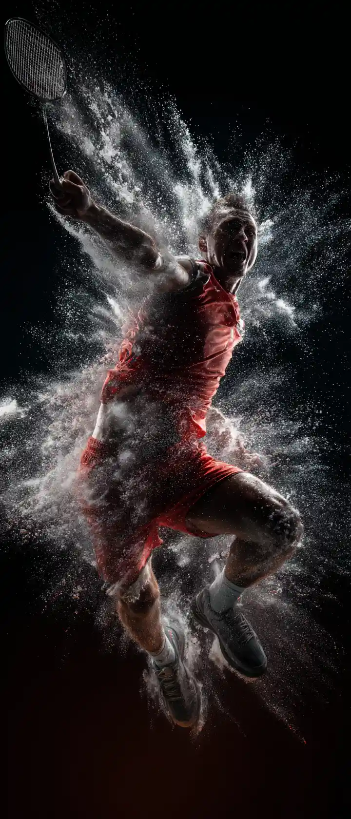 Badmintonspieler im Moment des Smashs mit dramatischem Gegenlicht eingefangen