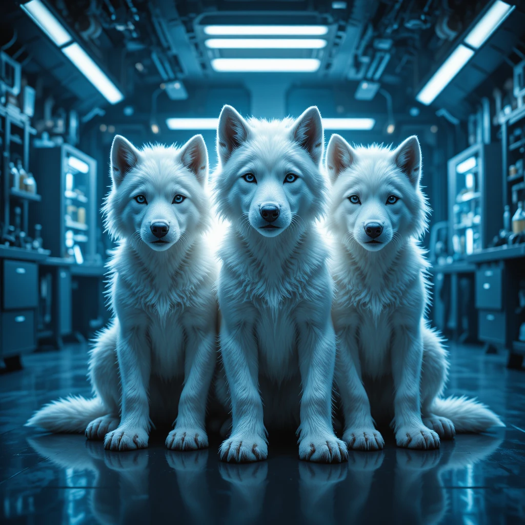 Três filhotes de lobo brancos em um laboratório científico futurista