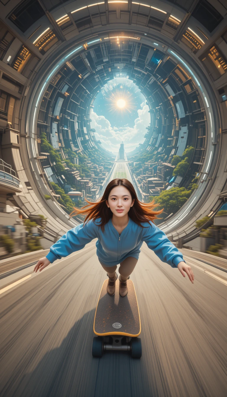 Red haired woman longboarding down a futuristic city road
