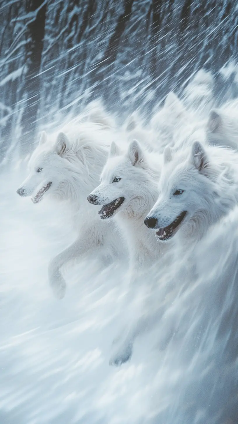 Sled dogs facing a fierce snowstorm in the frozen wilderness