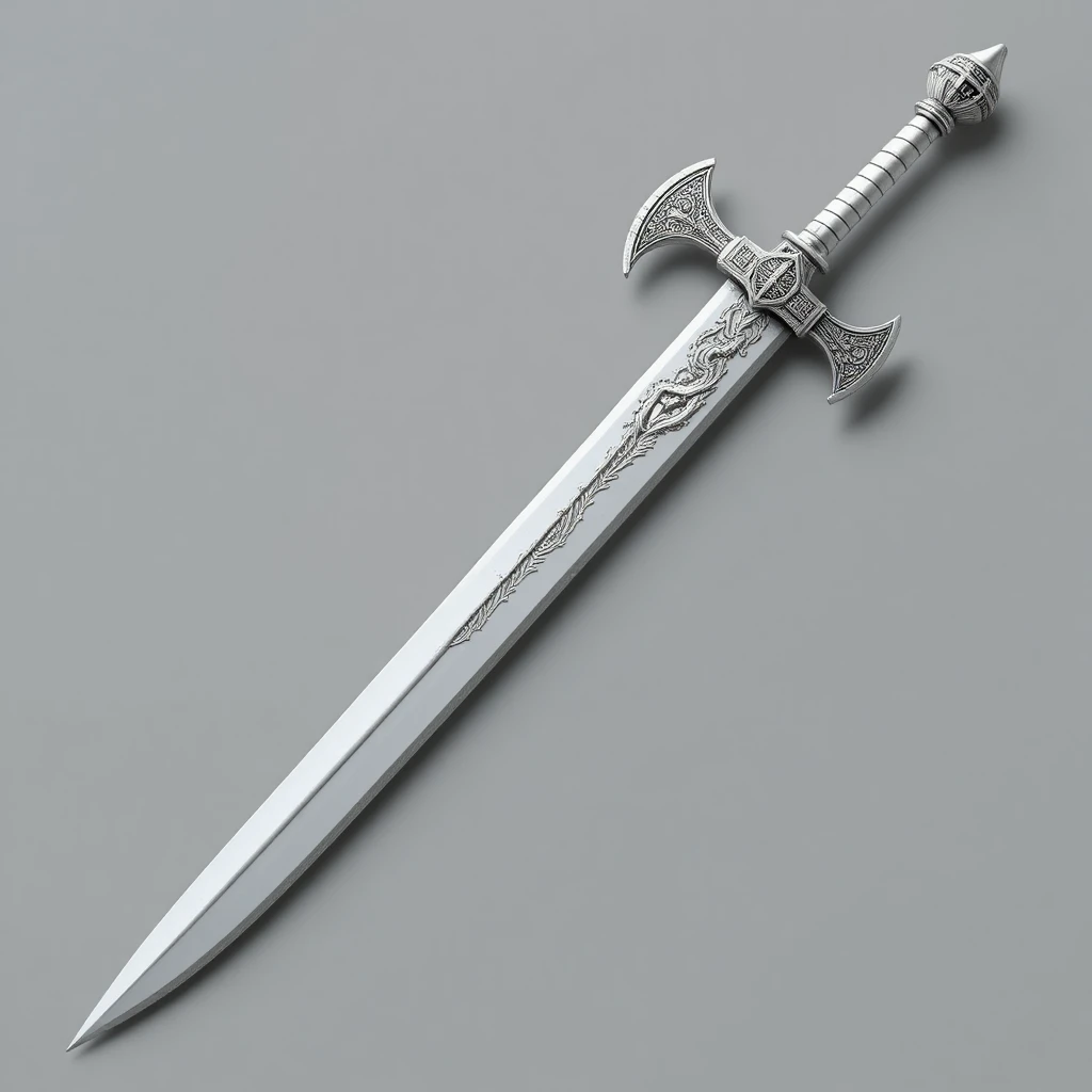 Espada longa branca com lâmina gravada de dragão e guarda em forma de machado