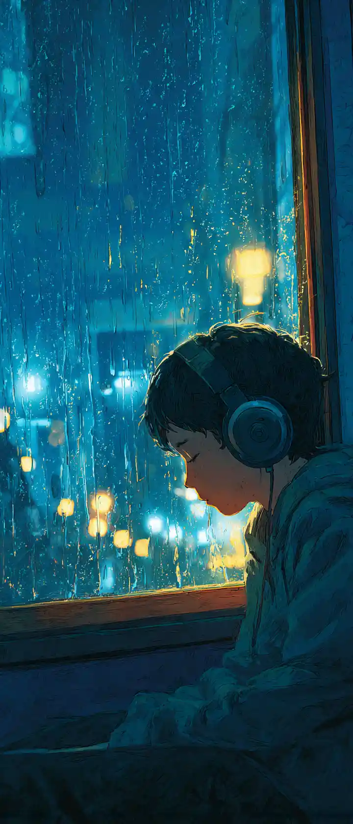 Teenage boy on a rainy night train lost in quiet sorrow