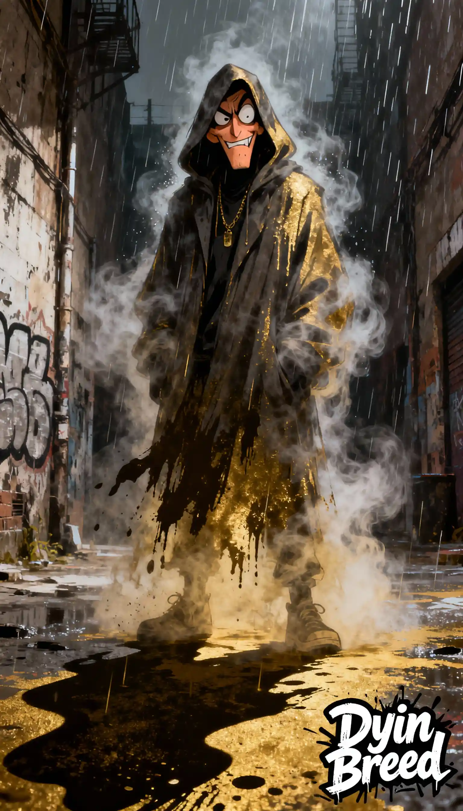 Haunting hooded figure of mist on a rainy street