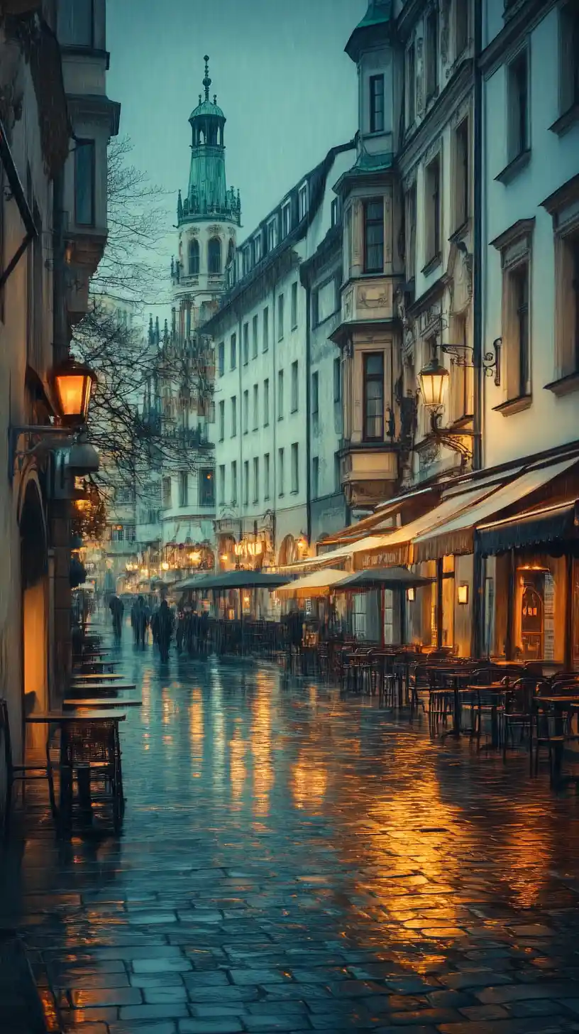 Rainy Munich boulevard with glowing cafes and wet cobblestones